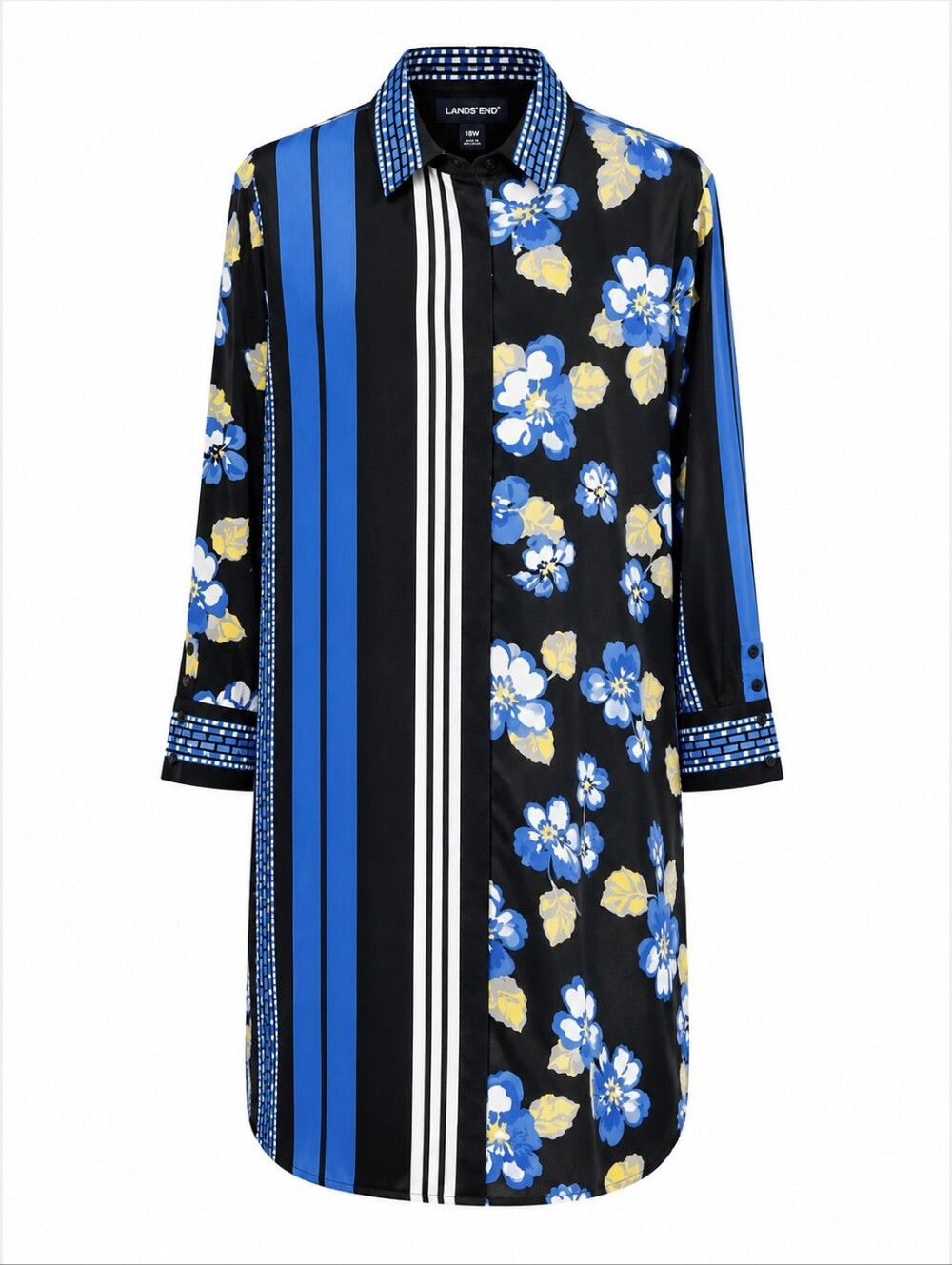 LANDS' END | NWT Mixed Print Floral Stripe Shirt Dress Blue Yellow | 18W